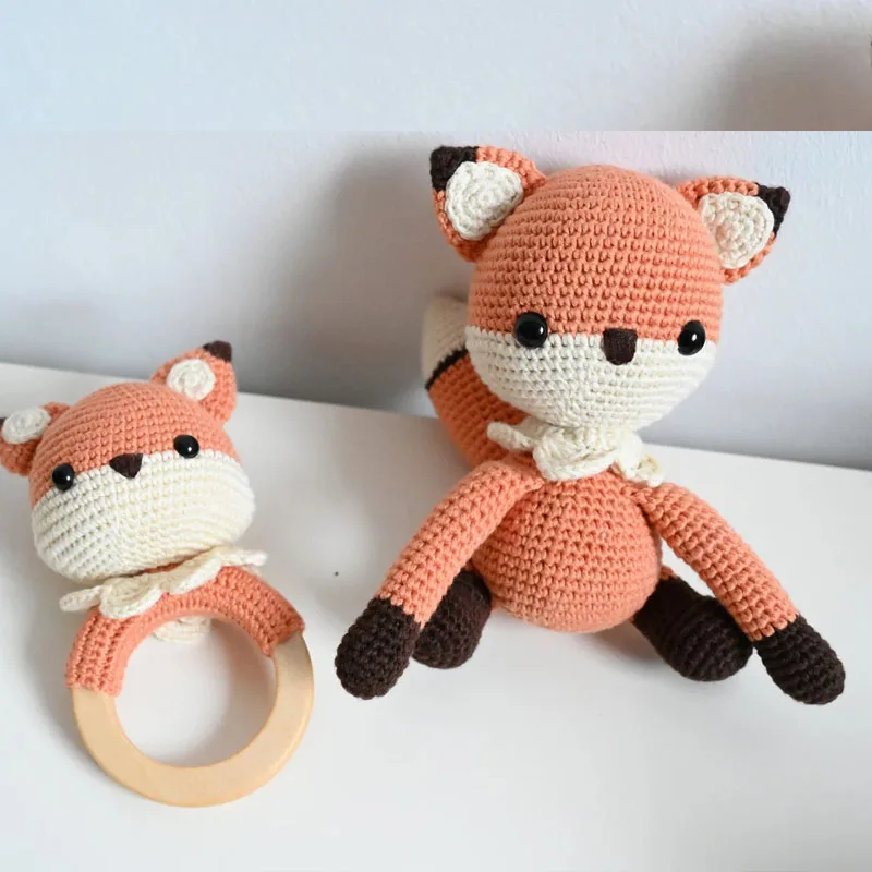 Cuties Crochet Amigurumi Fox Doll Rattle Set Baby Gift Elephant Wooden