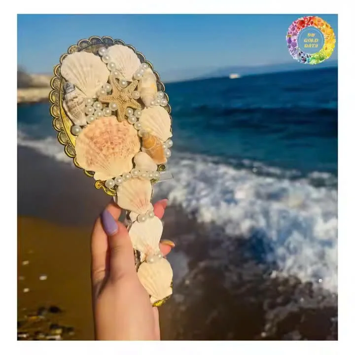 手作りオーシャンウィスパーマーメイドシェルミラー真珠付きレース