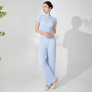 Direct From the Factory Women's Fashion Set Summer Stretch Top and Pants Set Miyake Pleated Two-piece Set