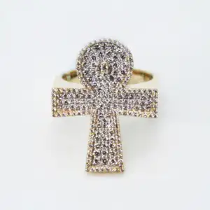 Men's 925 Sterling Silver Rhodium Plated Iced Christian Ankh Ring VVS Moissanite Diamonds Custom Religious Hip Hop Jewelry