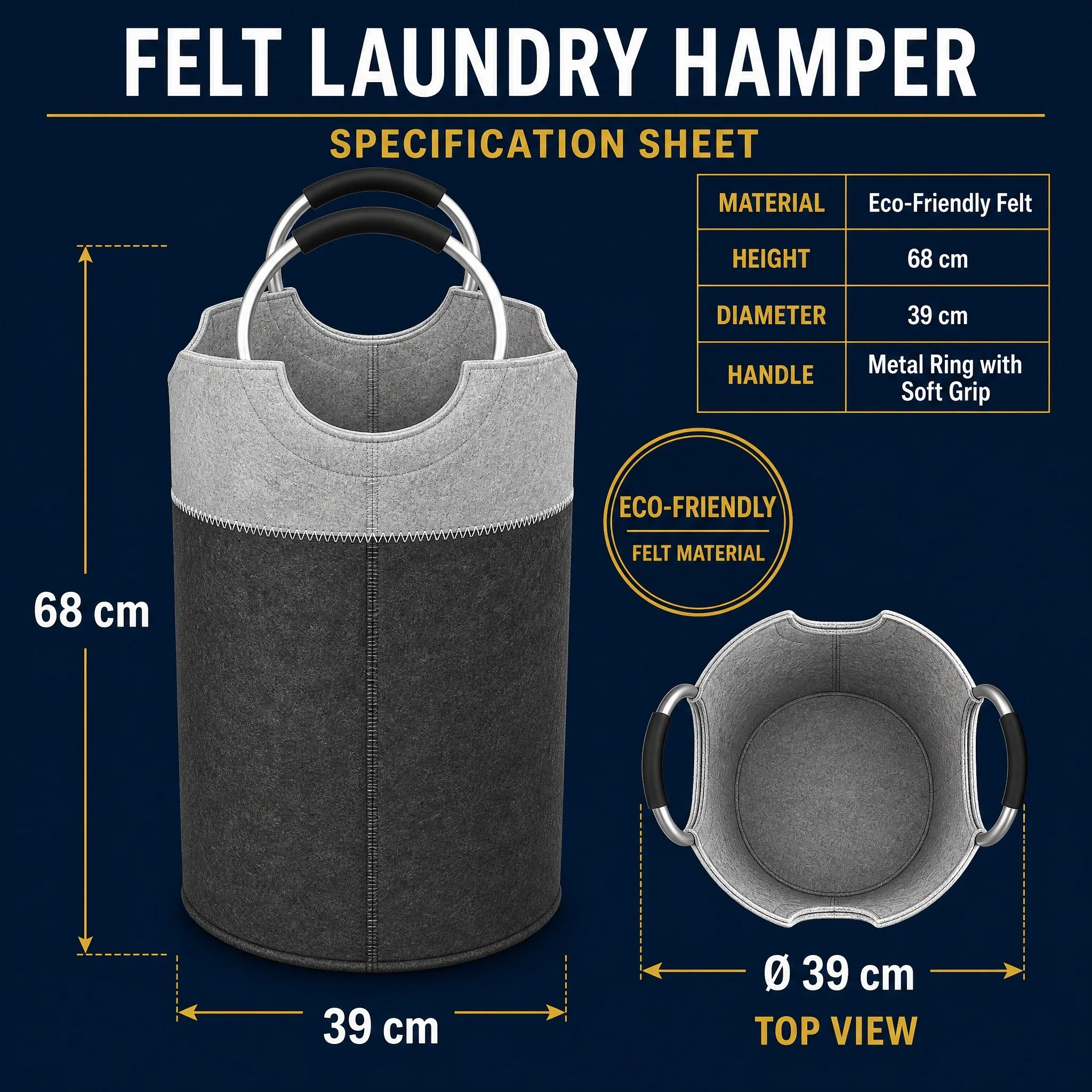 Felt laundry hamper specification sheet - 68 cm height, 39 cm width, metal ring with soft grip, eco-friendly felt