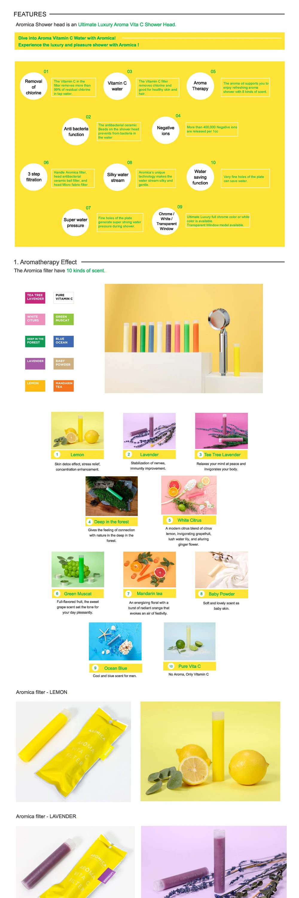 Heads Shower Aromica Filtered Shower Head Aro800 Water Saving Function