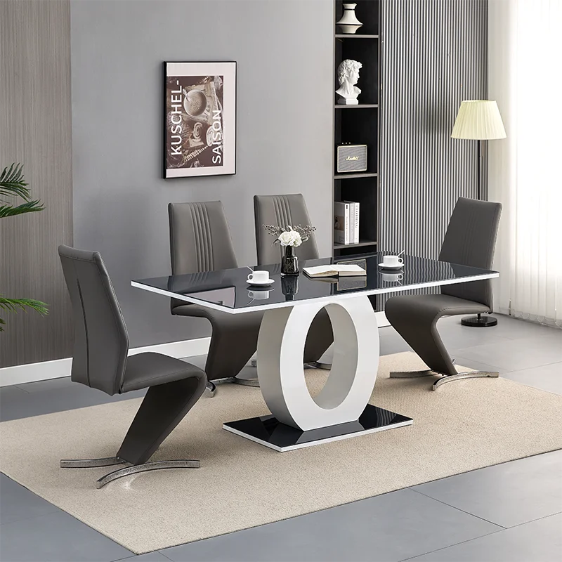 Modern Extendable Dining Table and Chair Set with Panel Design White for Apartment and Hotel Use MDF+Tempered Glass