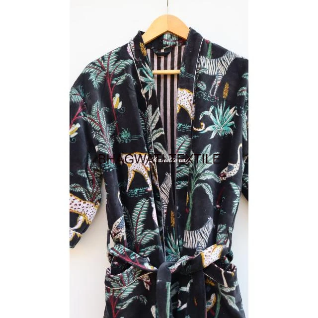 Women's Floral Velvet Kimono Dress Long Coat with Anime and Jungle Pattern  for Home or Hotel Use Spring Season