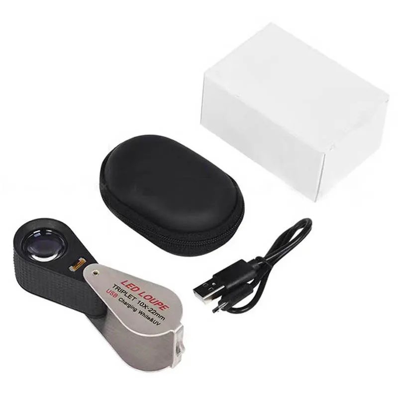 10X Amplification Magnify Glass with UV and LED Light USB Rechargeable Foldable Diamond Jewelry Gem Loupe