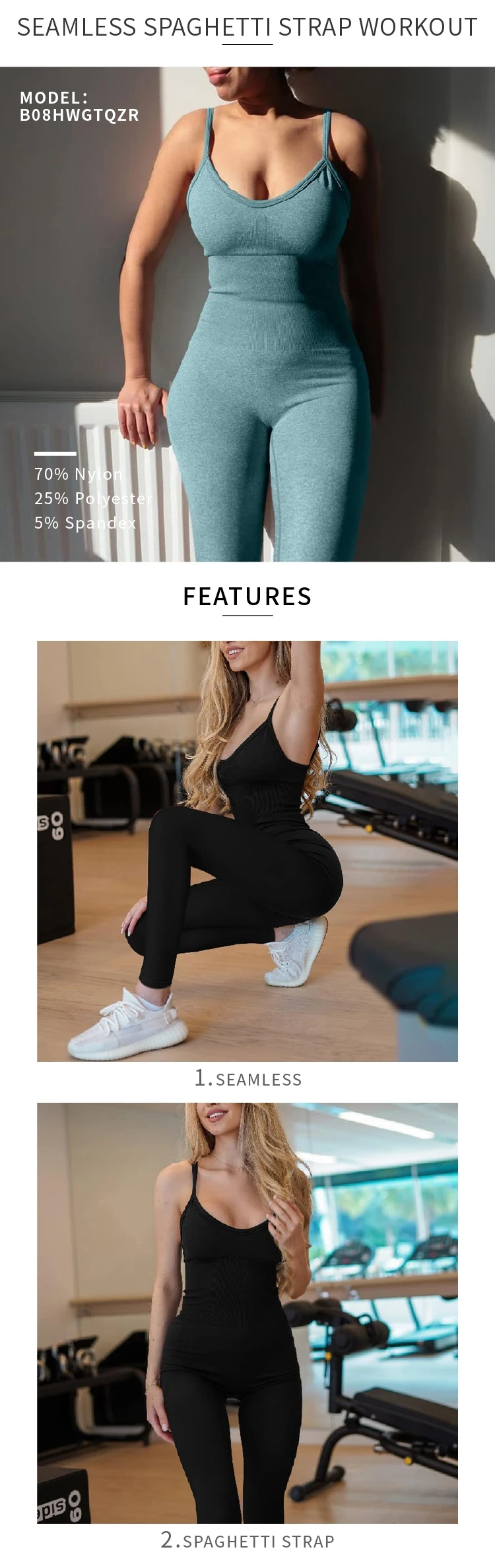 Womens Seamless Spaghetti Strap Athleisure Yoga Workout Gym Leggings Padded Bra Jumpsuit Fitness