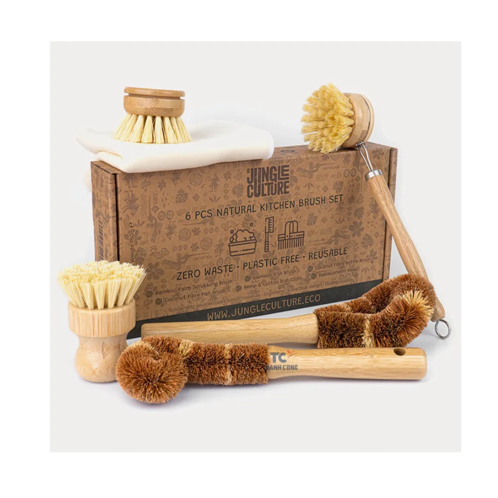 Набор кухонных щеток из кокосового волокна с бамбуковыми ручками