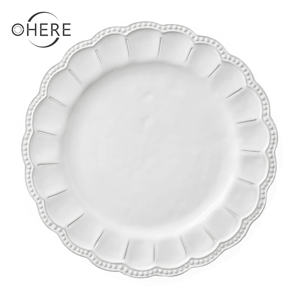 Ohere Bulk Serving Plates Porcelain Wedding Dishware High Quality Pink Embossed Ceramic 13inch Charger Plates