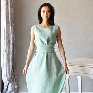 Summer Sleeveless Linen Wrap Dress Multiway Convertible Plus Size Clothing Linen Midi Length with Belt Pockets Wrap Dress