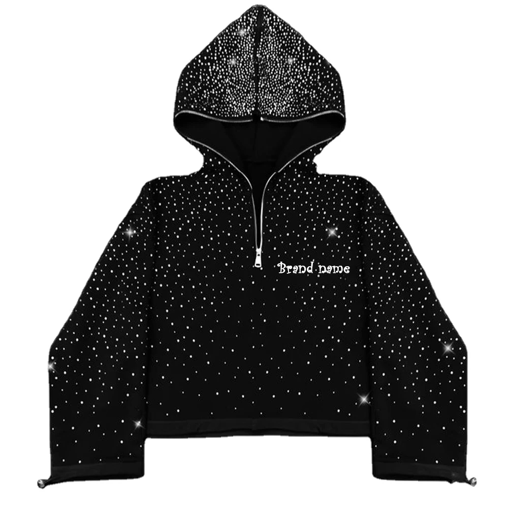Custom Mens Full ZipUp Streetwear Set Blank Logo Hoodies &Sweatpants with Acid Wash Rhinestone & Reflective Details Manufacturer