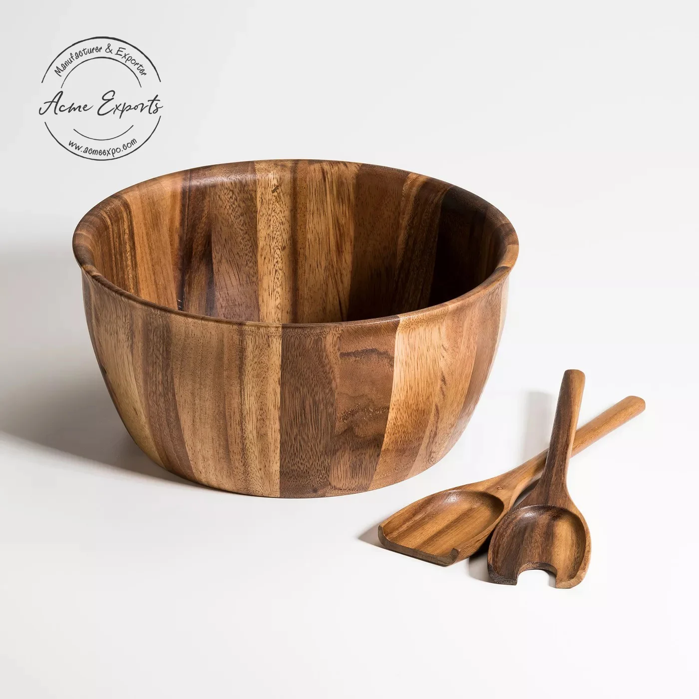 Eco Friendly Handcrafted Acacia Wood Large Salad Bowl With Servers Used