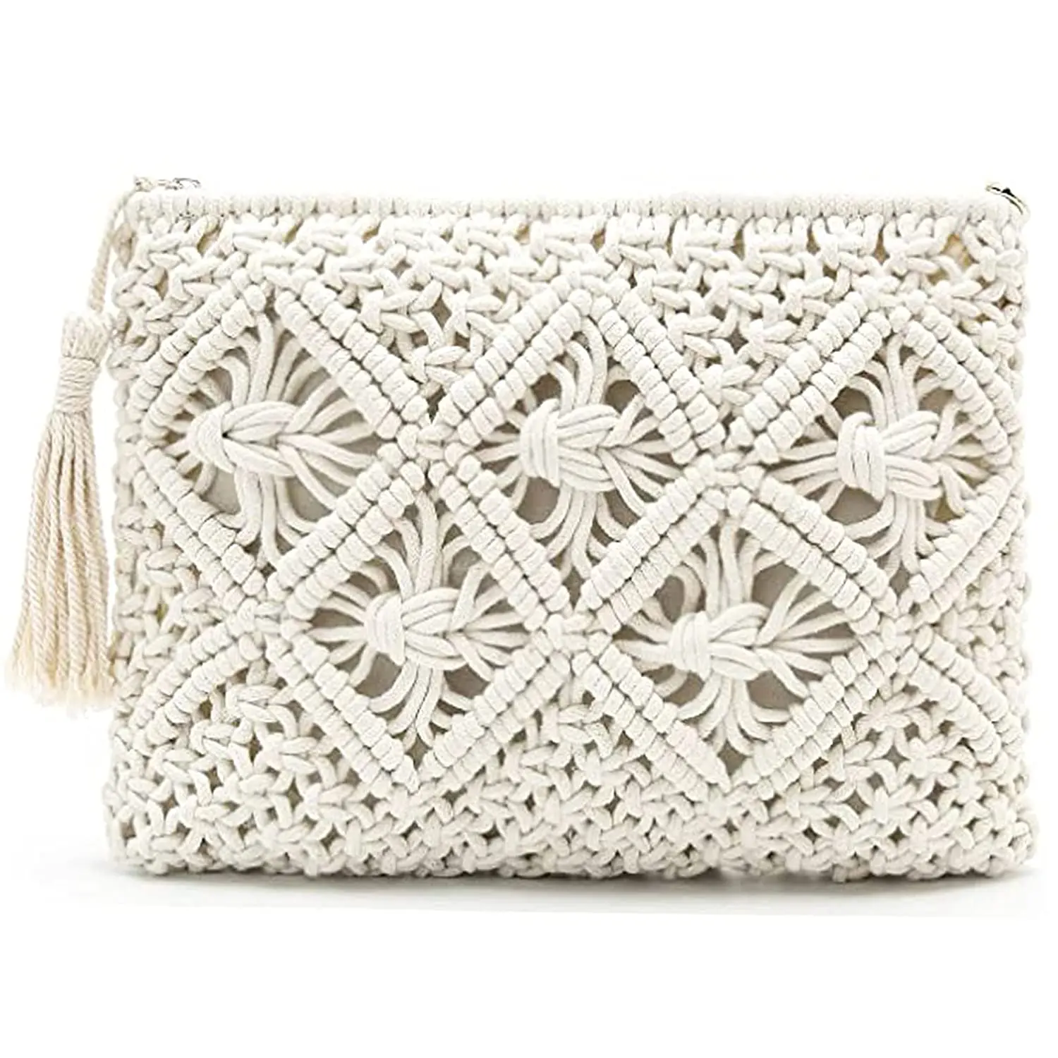 Mustard Color Macrame Clutch Hand Knitted Boho Purse Lady Fashionable Hand Bag with Detachable Sling and Fringes