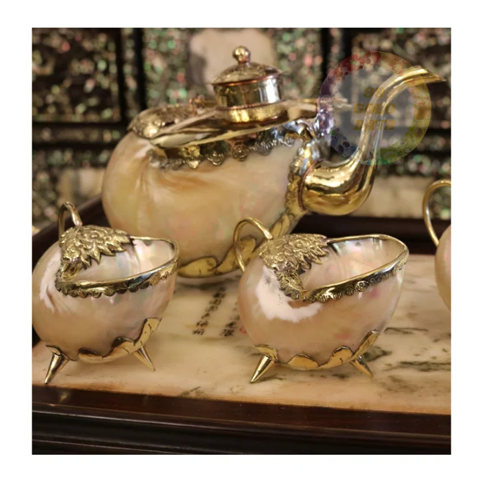Mother of Pearl Teapot and Shell Cup Set Handmade Nautical-Themed Tea Set for Resorts and Home Decor