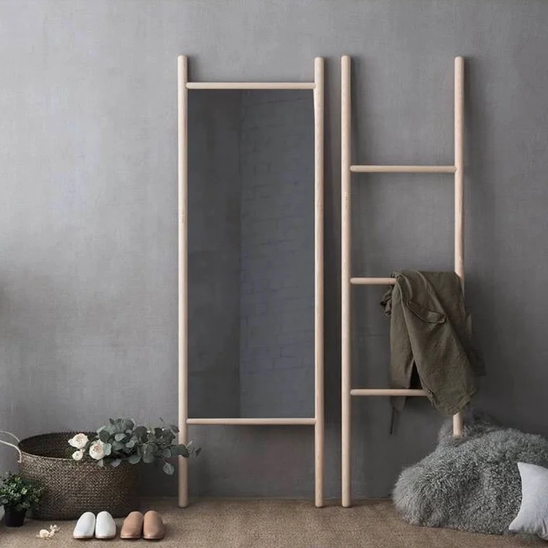 2025 Nordic Contemporary Design SWT Handmade Full-Length Stand Pose Mirrors Wooden Framed Leaning Mirror with Glass Towel Rack