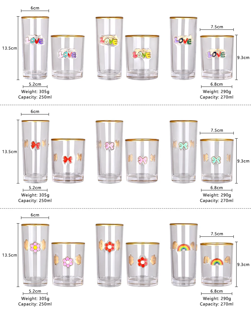 Ready to Ship Gold Rim 3D Enamel Raised Design Barware Cocktail Water Highball Drinking Glass Tumbler Cup for Gift
