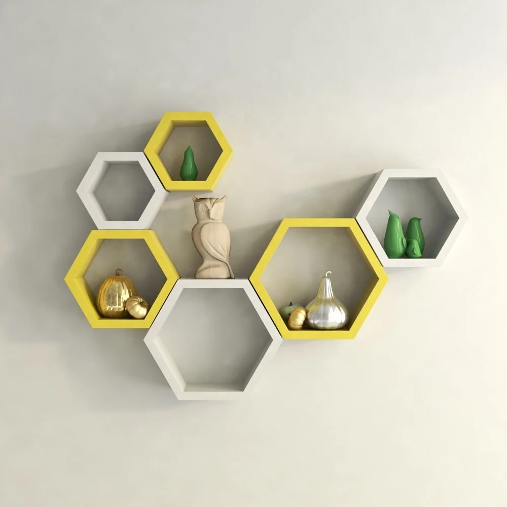 Hexagon Shape Set of 6 Floating Wall Shelves White and Yellow Rack Shelf Wooden Wall Shelf