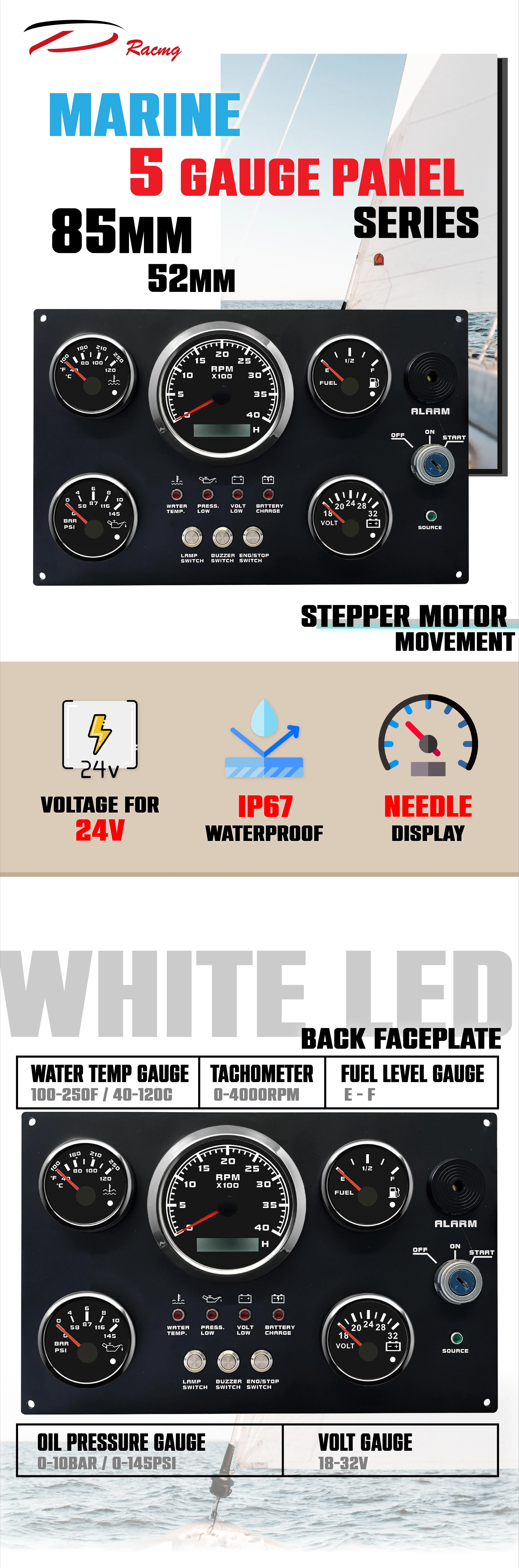 85mm Engine Instrument Gauge Meter Panel 5 Gauges Panel Set Black Faceplate White Led 24v Marine