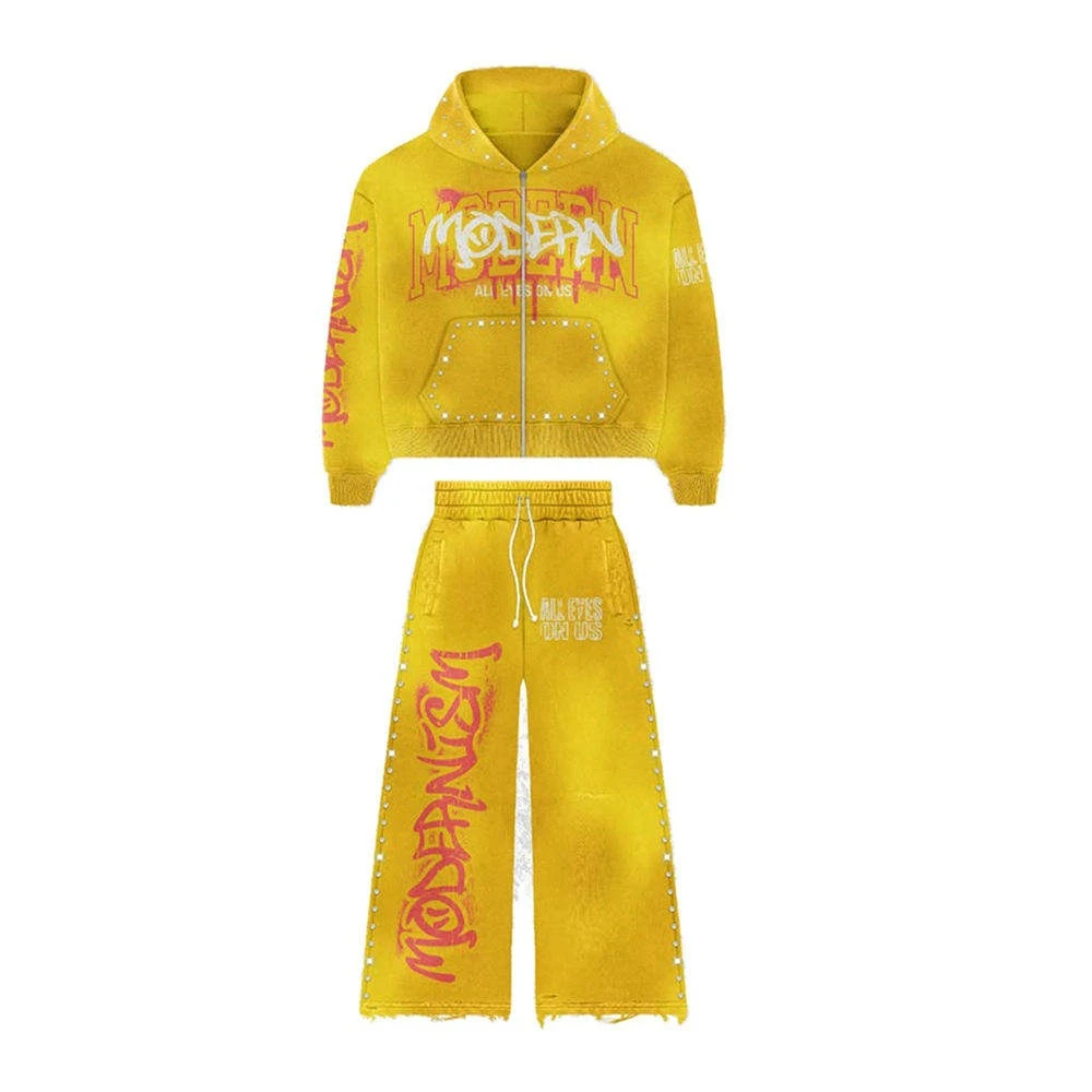 Custom DTF Printed Mens Acid Wash Vintage Tracksuit Sun Faded Hoodie &Flared Sweatpants Made from 100% Cotton Streetwear Fabric