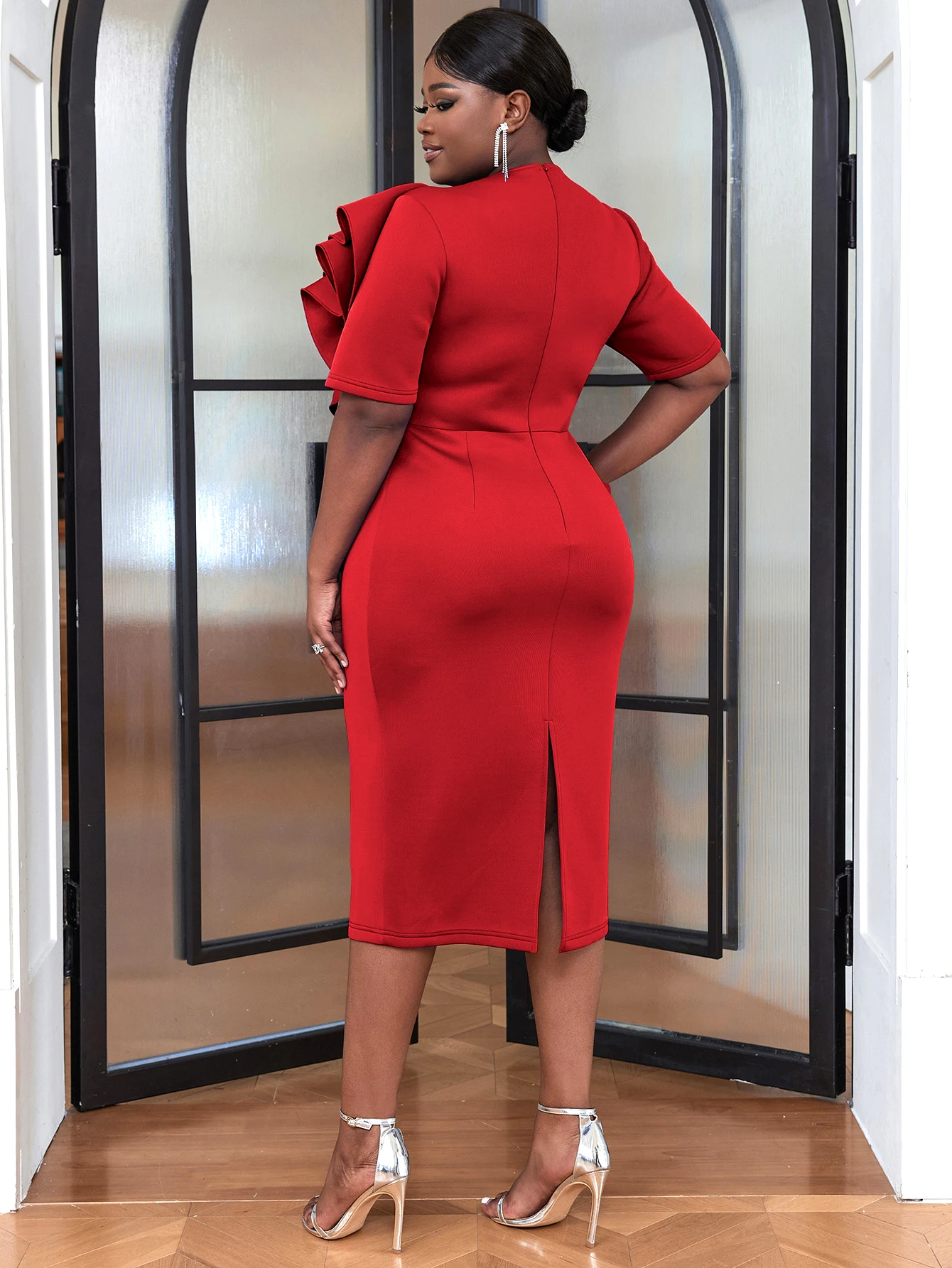 Peplum Ruffles Bow Tie Tops and Pencil Pants Suit
