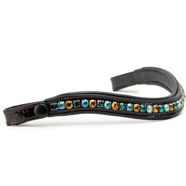 Frontal Pour Cheval Grand Modèle - 3 Rangées De Cristaux Diamant Bleu Et Or - Cuir