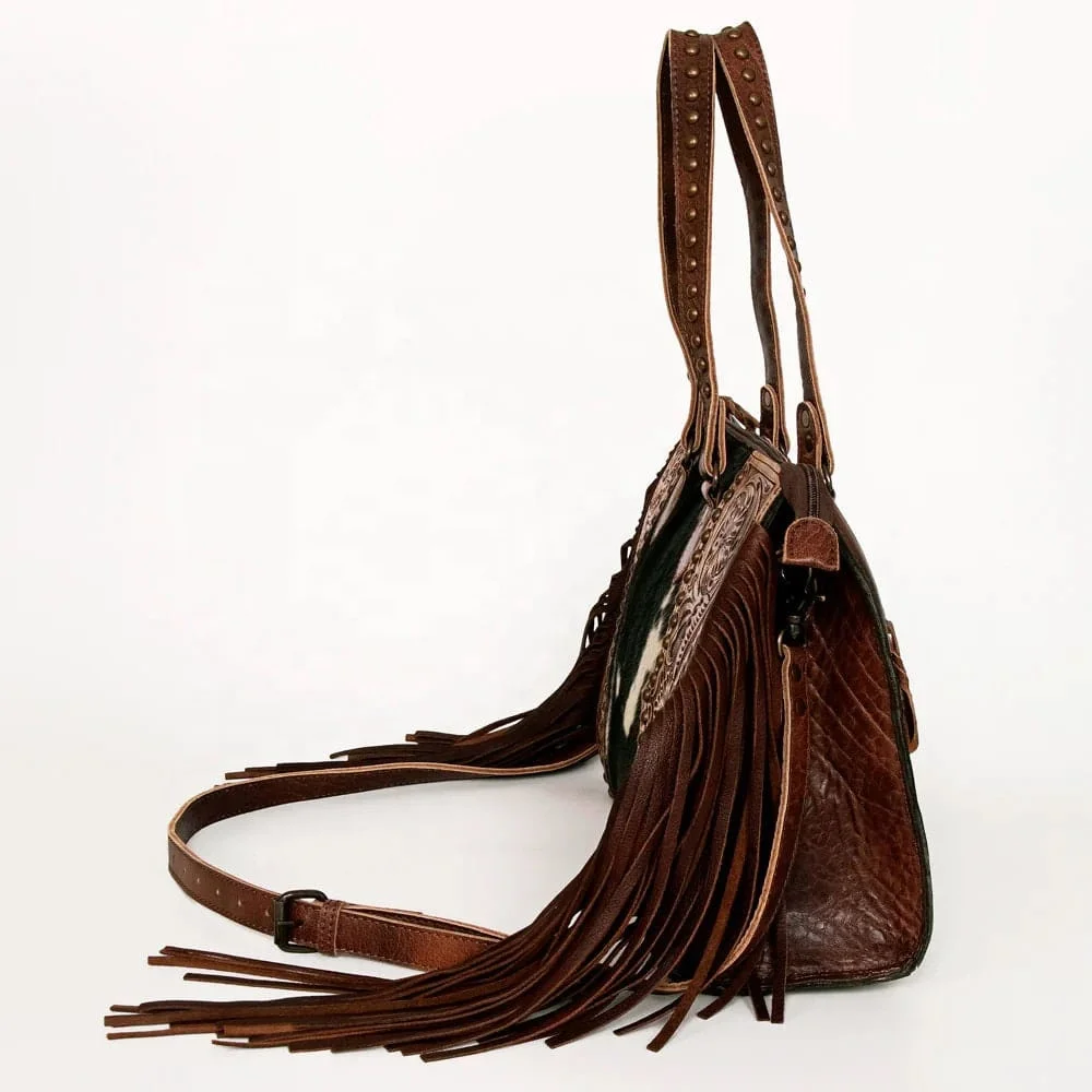 Merbaa Berlin Hand-Carved Fringed Shoulder Bag - Natural Cowhide With Floral Tooling