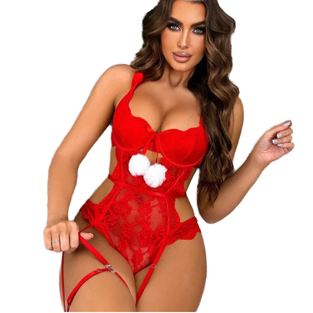 Hot Selling 3pcs Women's Christmas Sexy Lace Embroidery Halterneck Lingerie Set Underwear