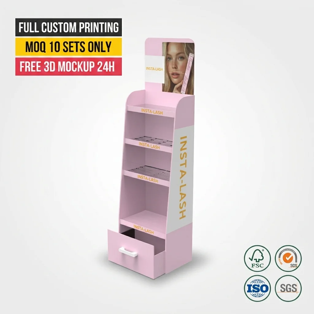 Wholesale Custom 5 Tier Floor Standing Cardboard Makeup Cosmetic Display Stand Beauty Display Rack Retail Display Stand Shop