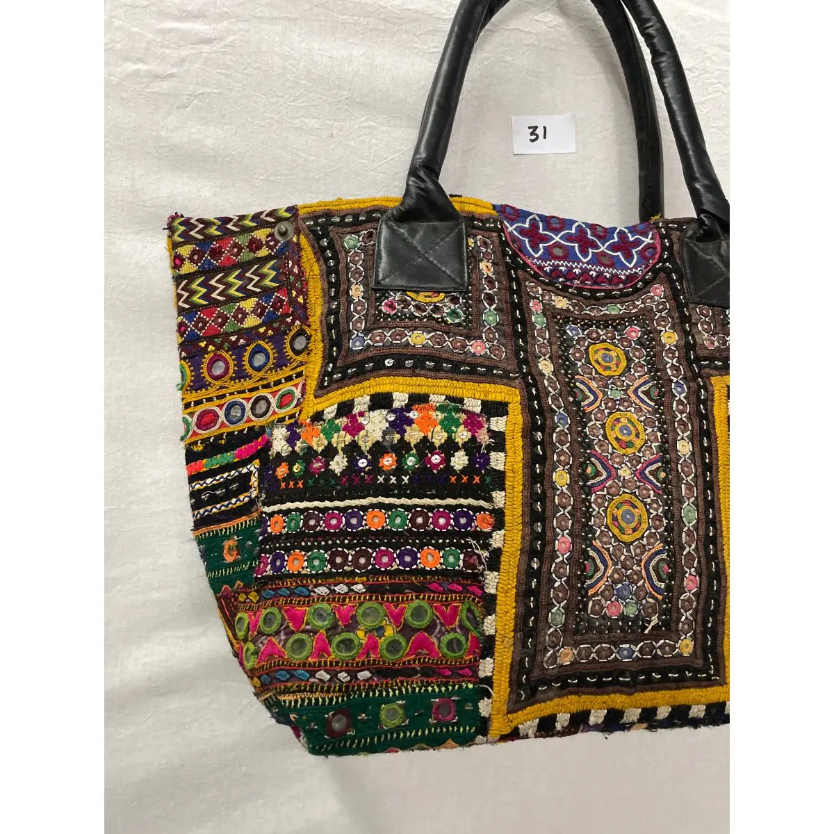 Large embroidered black leather bag, Banjara tote bag, boho leather purse,  Kuchi leather bag, boho tote bag, ethnic leather bag, tribal bag