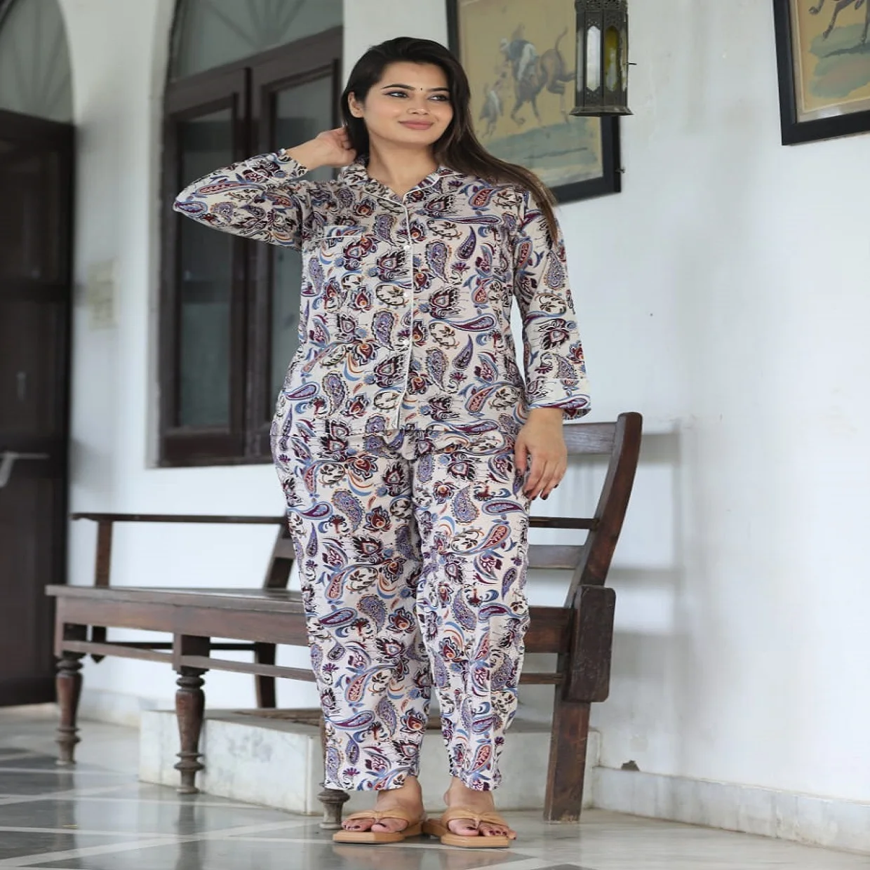 Custom Made Floral Printed Modal Lace Thermal Sleepwear Coordinated Sets Lightweight Nightwear for Wholesale Buyers