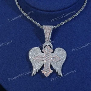 Moissanite Diamond Angel Cross Pendant Gold Plated Iced Wing Charm Necklace Custom Hip Hop Jewelry Party Unisex