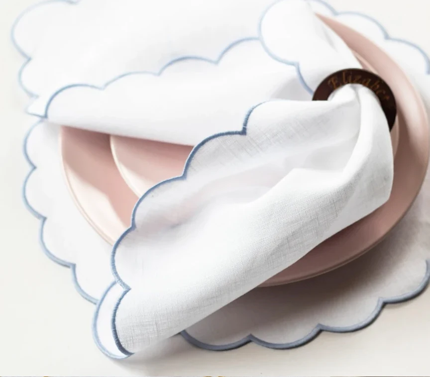 Embroidered Letters Scalloped Placemat Linen Napkins Scallop Edge 100 Linen White Linen Cloth
