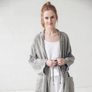 Comfortable Woman  Handmade Linen Robe Nightwear Sleepwear Linen Robe Linen Adult Bathrobe Pajamas Winter Clothes for Women