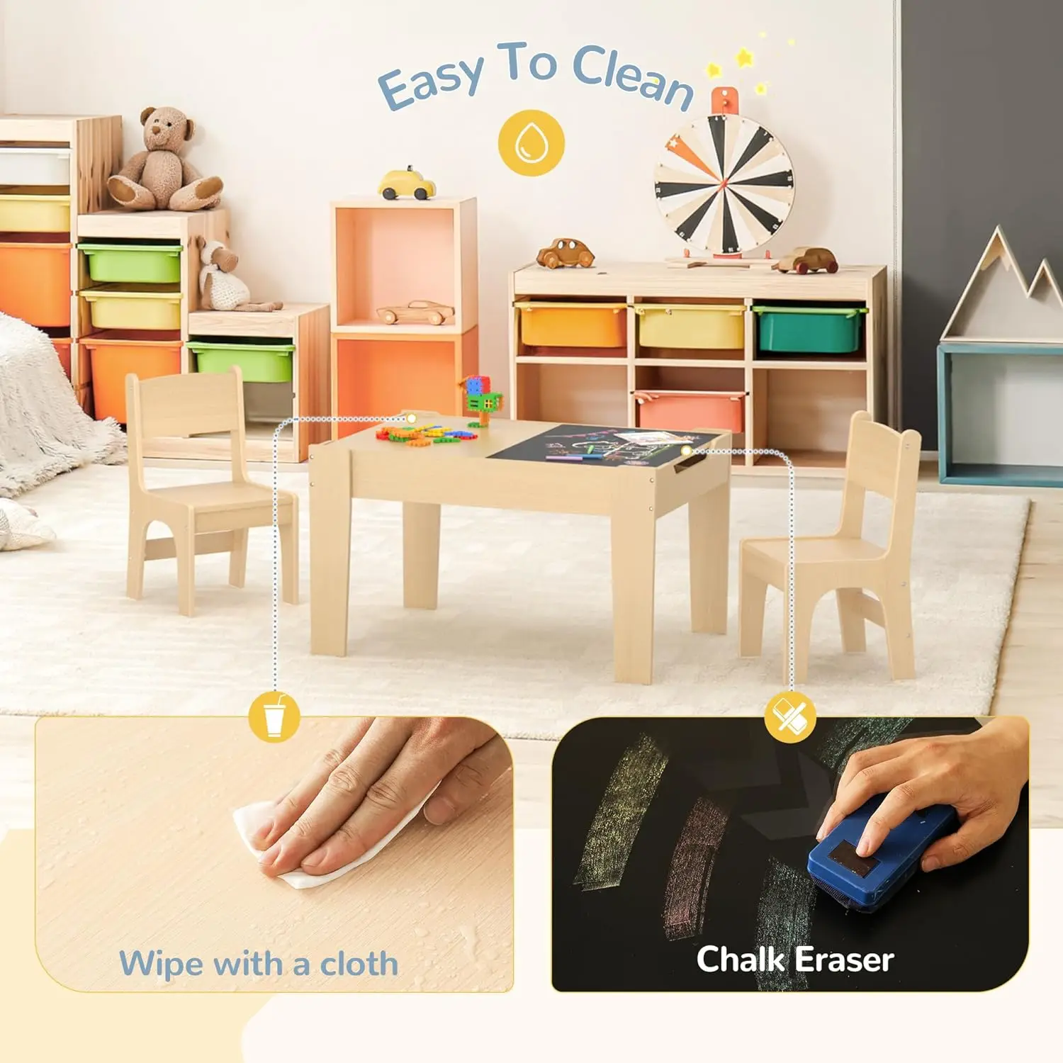 4 in 1 Kids Table with Arts and Crafts Storage Toddler Table and Chair for 2-5 Years Old with 2 Reversible Chalkboards