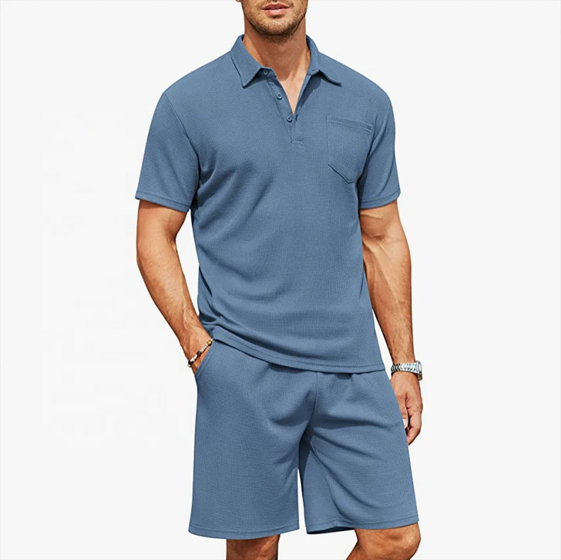 Men Waffle Knit Polo Shirt and Shorts Set Pieces Outfits Summer Suit  Casual Tracksuit with Pockets Breathable Plus Size Men's