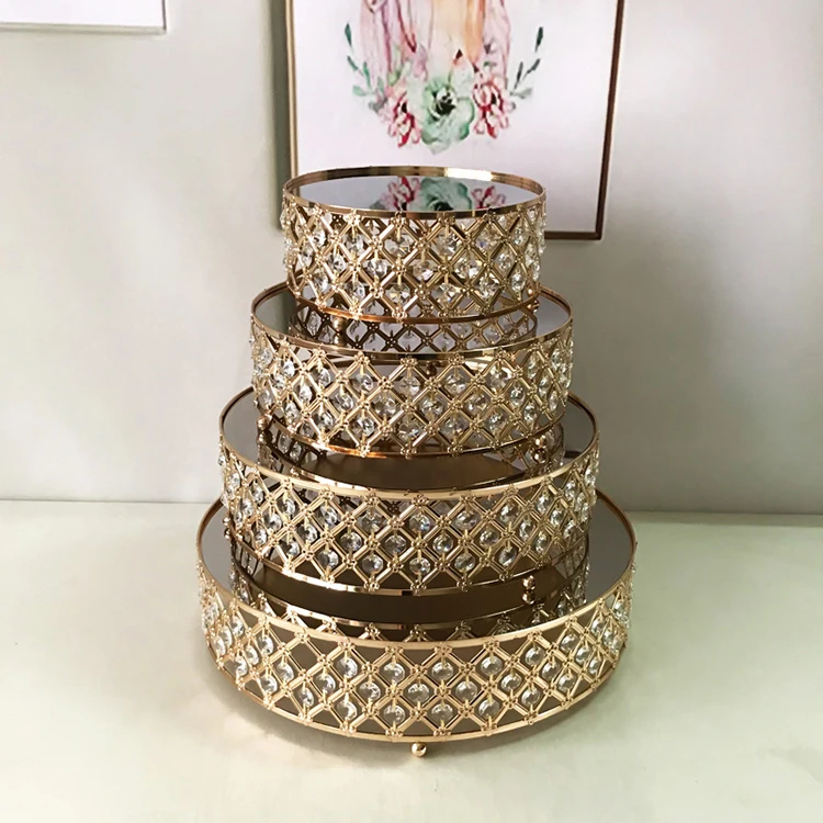 Luxury 4 Floor Round Mirror Trays Set Party Decor Metal Cake Display Holder With Crystal Wedding Pastry Dessert Tray