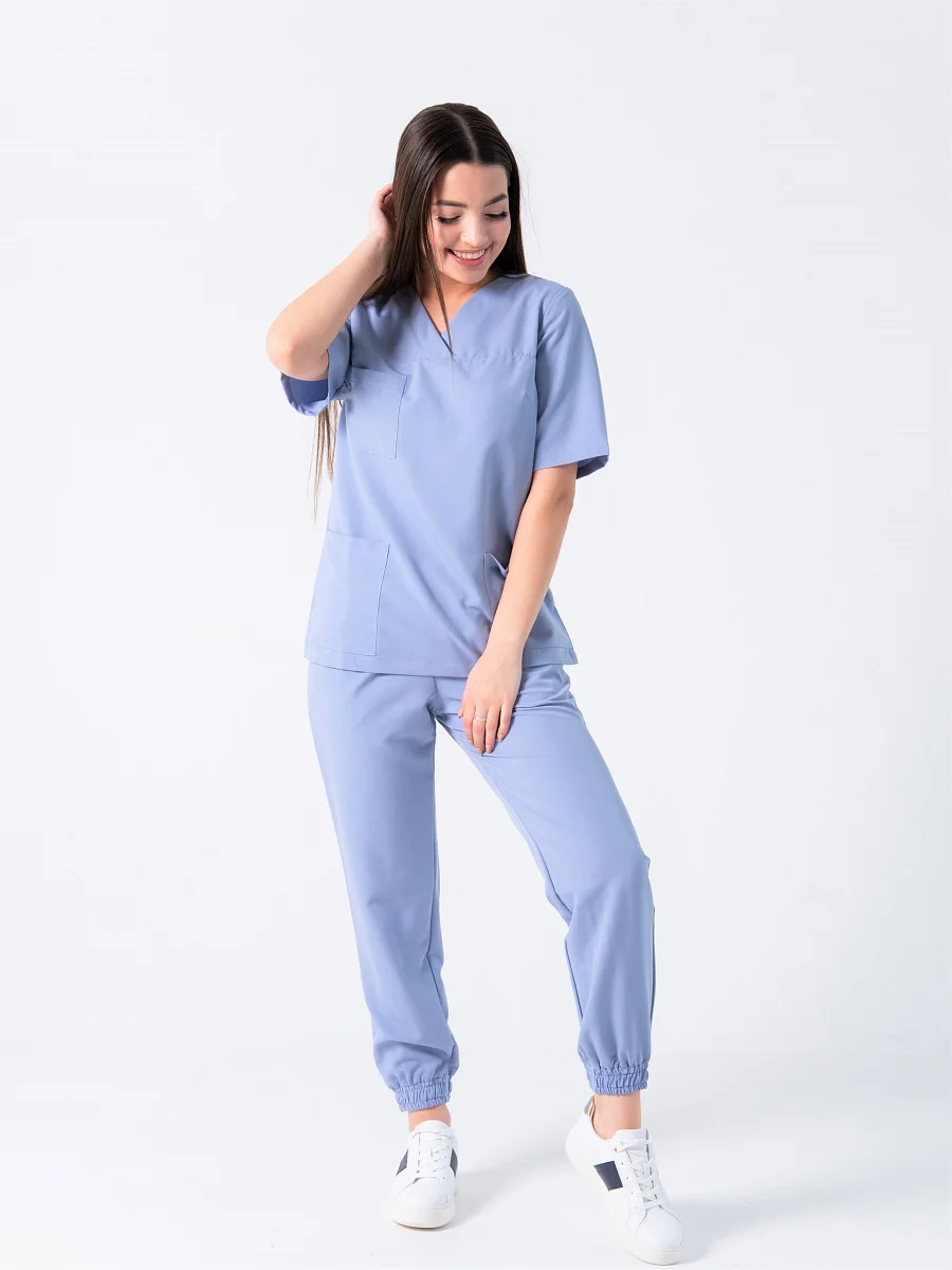 Sky Blue Medical Pantsuit With A V-neck Blouse Hospital Uniforms Nurse 