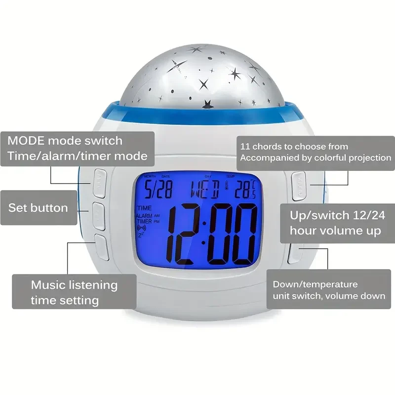 Romantic Natural Sound Music Starry Sky Student Children Mute Sleepy Electronic Projection Alarm Clock