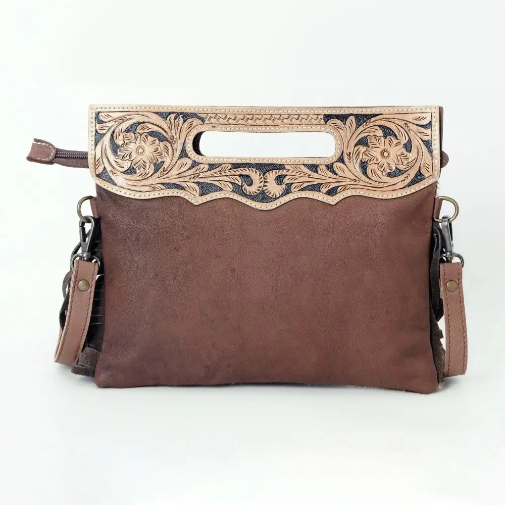 Latest Arrival Leather Crossbody Bag With Cowhide Fringes Hand Tooling
