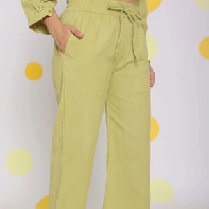 Light Green Linen Solid Plain Dyed Western Pant Natural Waist Tie Belt Pockets Relaxed A-Line Casual Dress Set Digital Printing