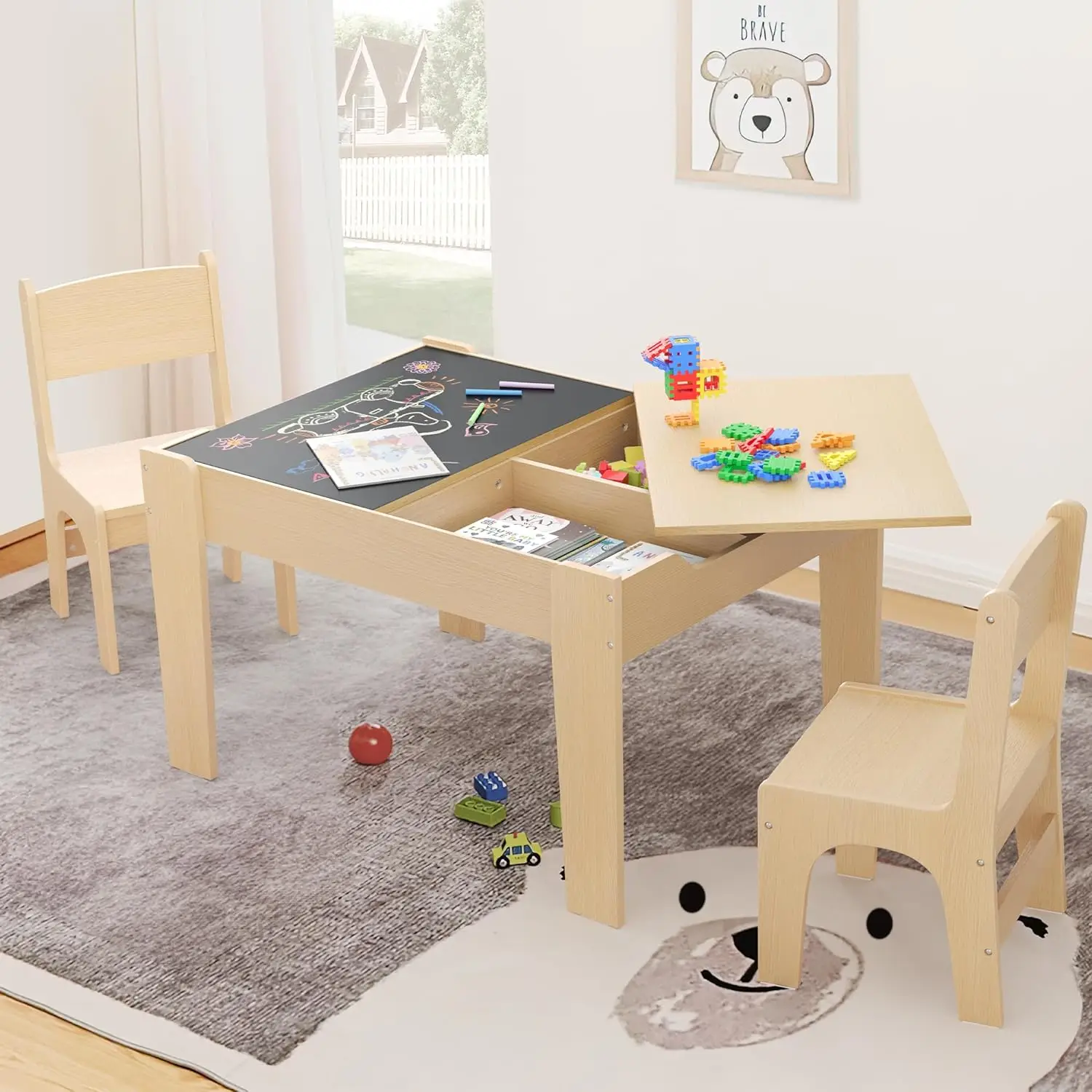 4 in 1 Kids Table with Arts and Crafts Storage Toddler Table and Chair for 2-5 Years Old with 2 Reversible Chalkboards