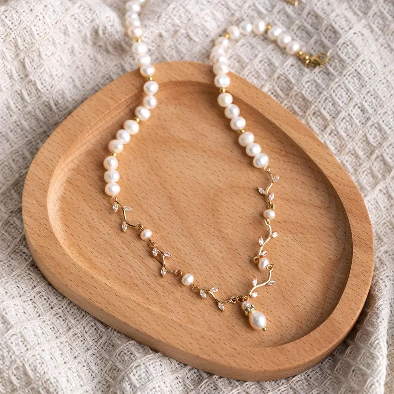 Customizable Gold Bridal Necklace with Pearls & Zircon