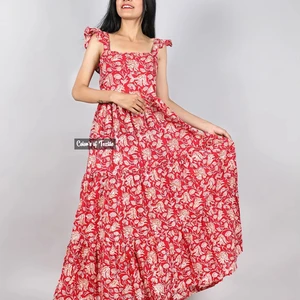 Bohemian Style Maxi Dress Indian Cotton Long Gown with Block Printed Solid Pattern Summer/Autumn Season