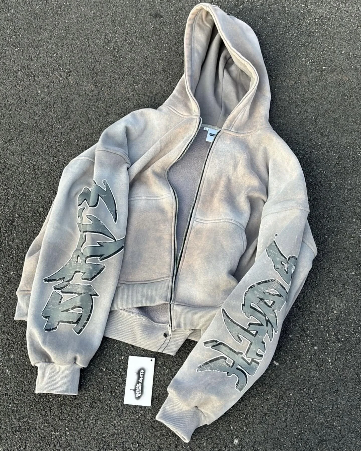 Custom Zip Jacket Cotton French Terry Print Heavy Weight Oversized Stone Sun Faded Distressed Vintage Acid Wash Hoodies for Men gallery 3