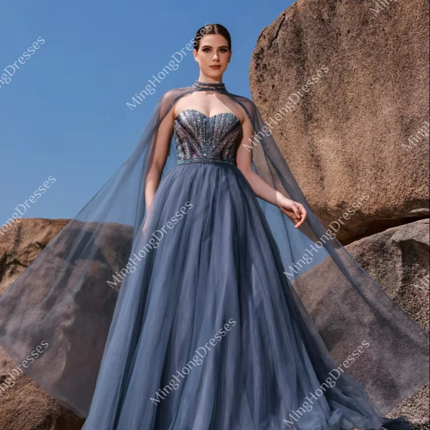 Arabian Luxury Ball Gown Wedding Dress A-Line Beaded Glitter Sequins Prom  Party Evening Gowns Formal Natural Floor Length Gown