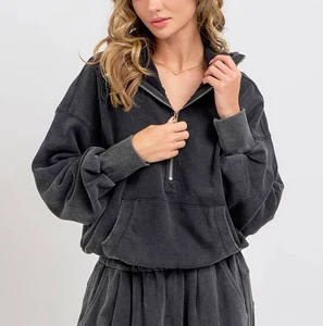 OEM Custom Washed French Terry Half Zip Sweatshirt Kangaroo Pocket Women Vintage Loose Oversized Hoodie Embroidered Lined