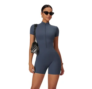 Custom Quick Drying Sportswear Fitness Gym One Piece Short Bodysuit Yoga Jumpsuits With Zipper for Women