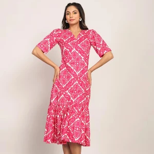 Pink and White Geometric Midi Dress Women Fashion 2025 Knee Length Dresses for Women Sleeveless Designer Handmade One Piece