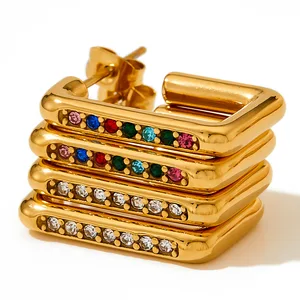 Wholesale Stainless Steel Gold Plated 18k Rectangle Fine Fashion Jewelry Dangle Zircon Earrings for Women