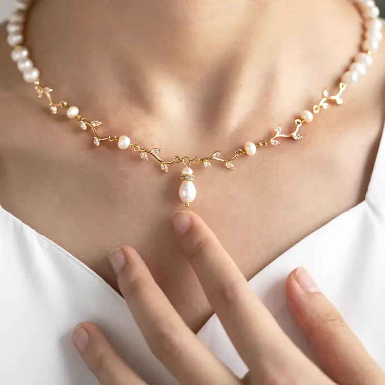 Customizable Gold Bridal Necklace with Pearls & Zircon