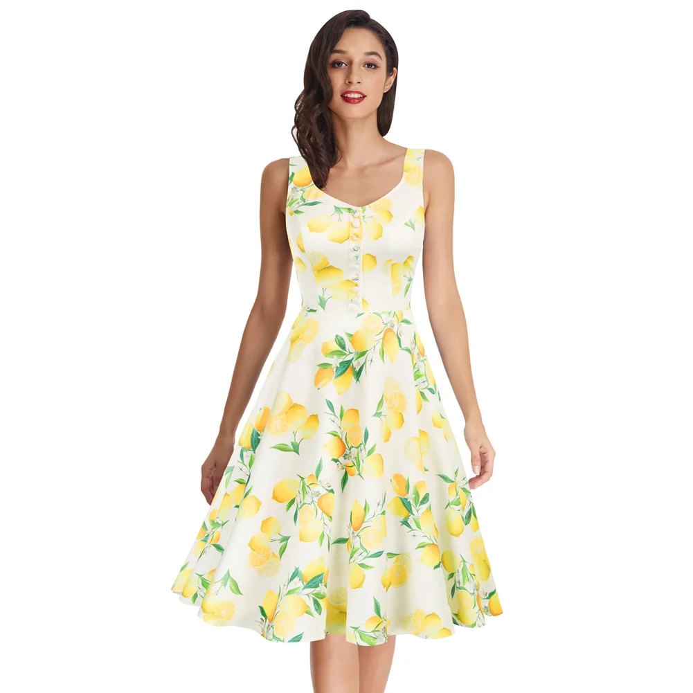 OEM Women Pineapple Pattern A-Line Retro Ladies Button Sleeveless Vintage Dress